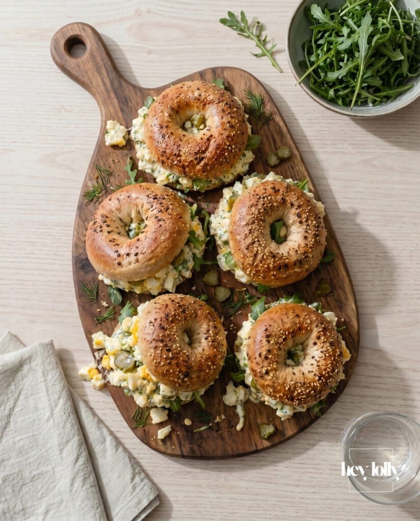 Chopped egg salad bagels with labneh, dill pickles and rocket on a wooden board, filling spilling out