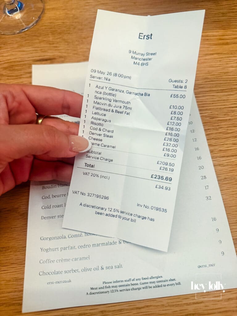 Bill and menu photographed at the end of dinner at Erst Manchester – Erst Manchester review