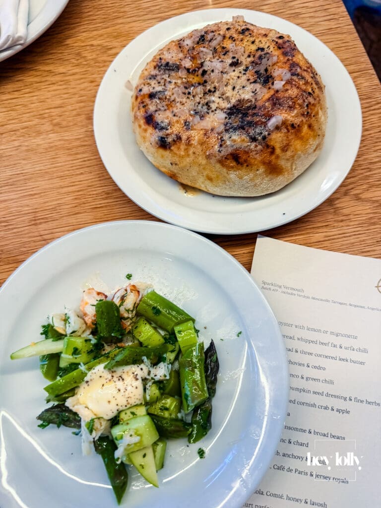 Asparagus salad with dressed Cornish crab, apple and herbs and Grilled flatbread with whipped beef fat and urfa chilli at Erst Manchester restaurant – Erst Manchester review