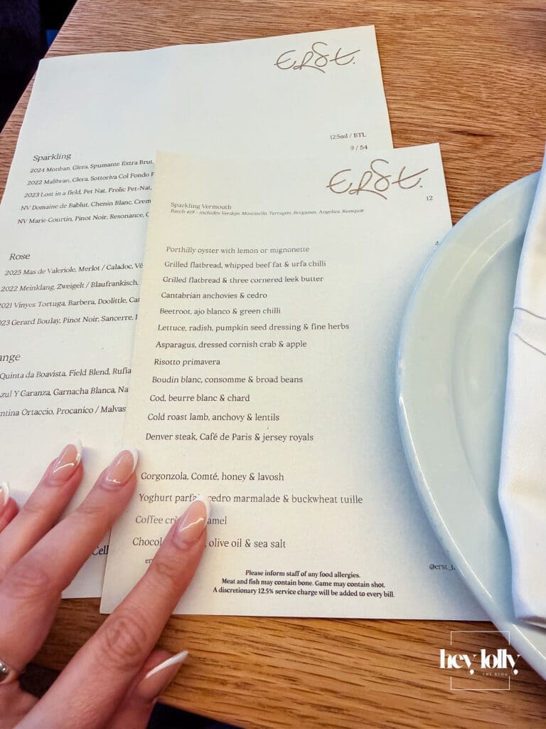 Menu and wine list photographed on the table inside Erst Manchester restaurant – Erst Manchester review