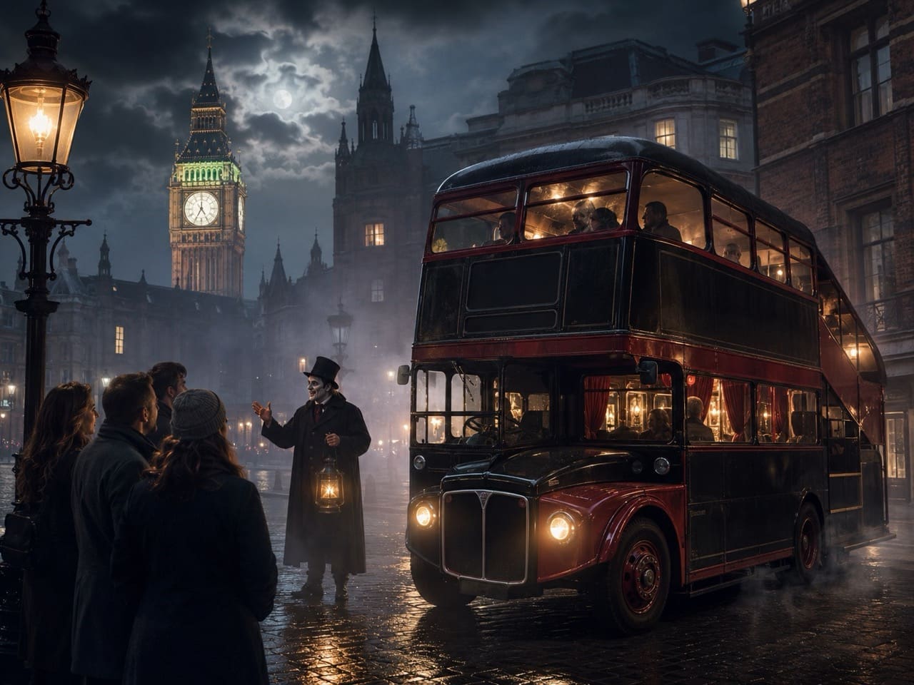 Vintage London bus at night for a theatrical ghost bus tour