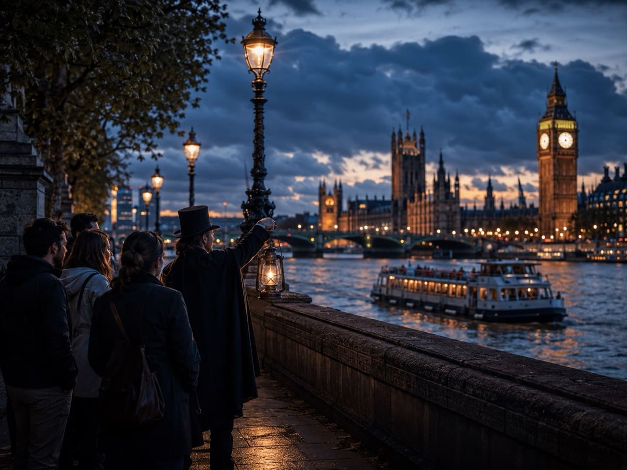 Moody River Thames scene for a London ghost walk and boat ride