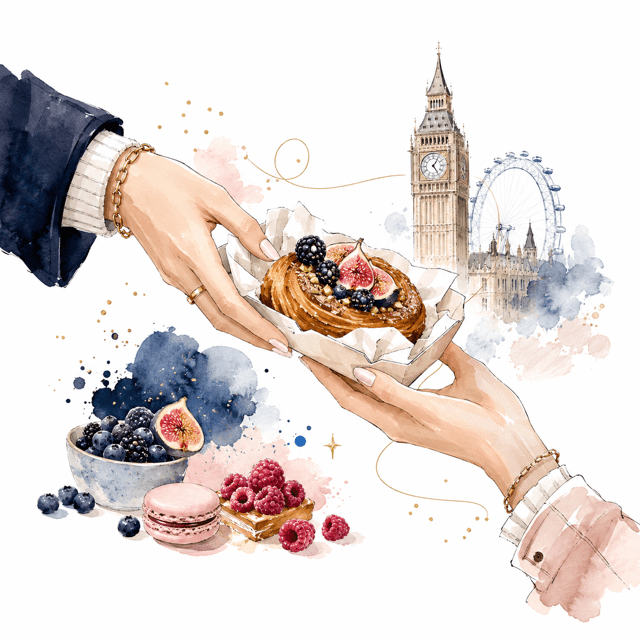 Elegant tea and pastry illustration for London food tours