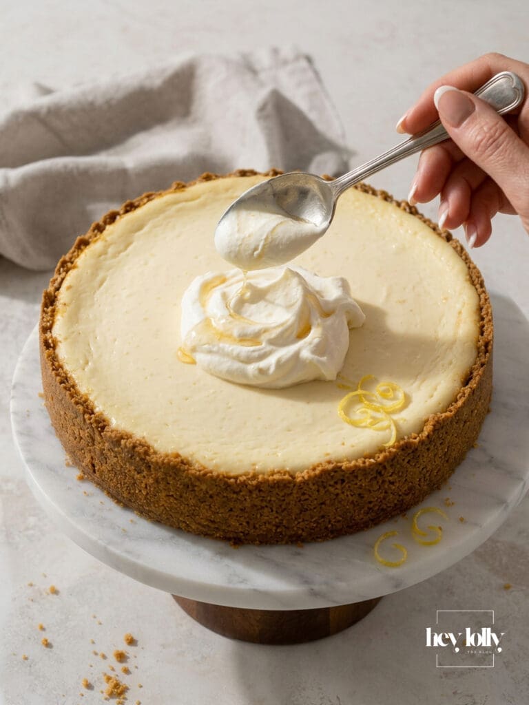 Lemon yoghurt cheesecake with brown butter biscuit crust and honeyed whipped cream served on a white marble cake stand with one slice removed.