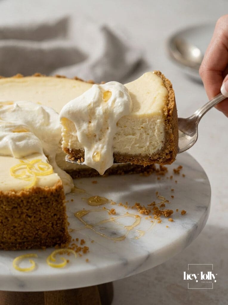 Slice of lemon yoghurt cheesecake with honeyed cream and brown butter digestive biscuit base on a ceramic plate beside the full cheesecake.