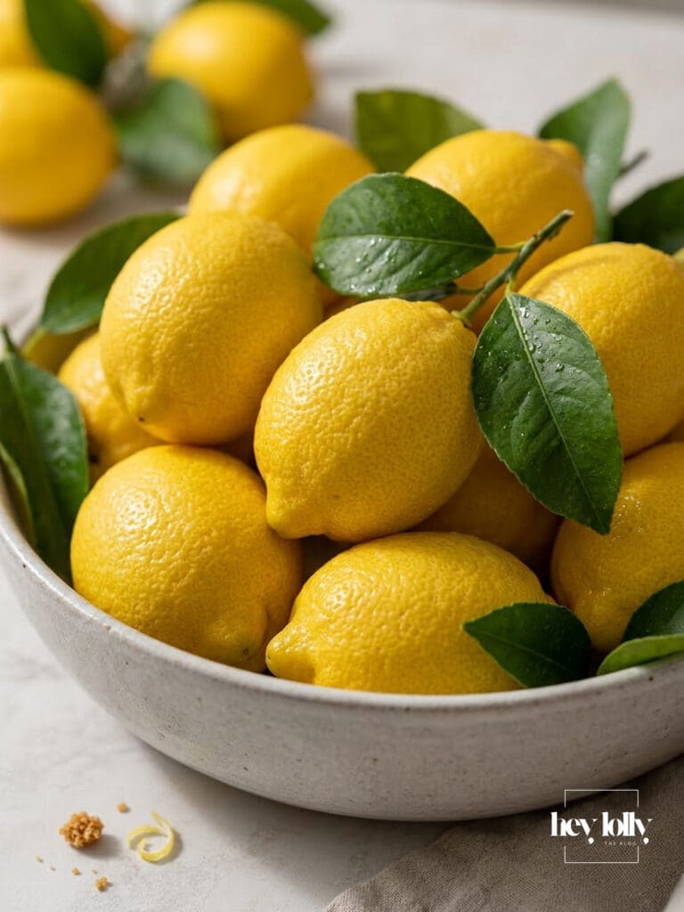 Bowl of fresh Amalfi lemons on a pale stone kitchen surface in a warm editorial food photography setting.