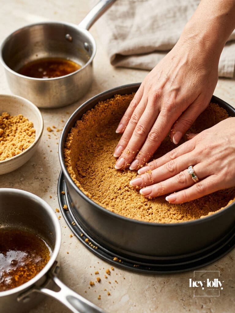 Female hands pressing a brown butter digestive biscuit base into a springform cake tin for lemon yoghurt cheesecake preparation.