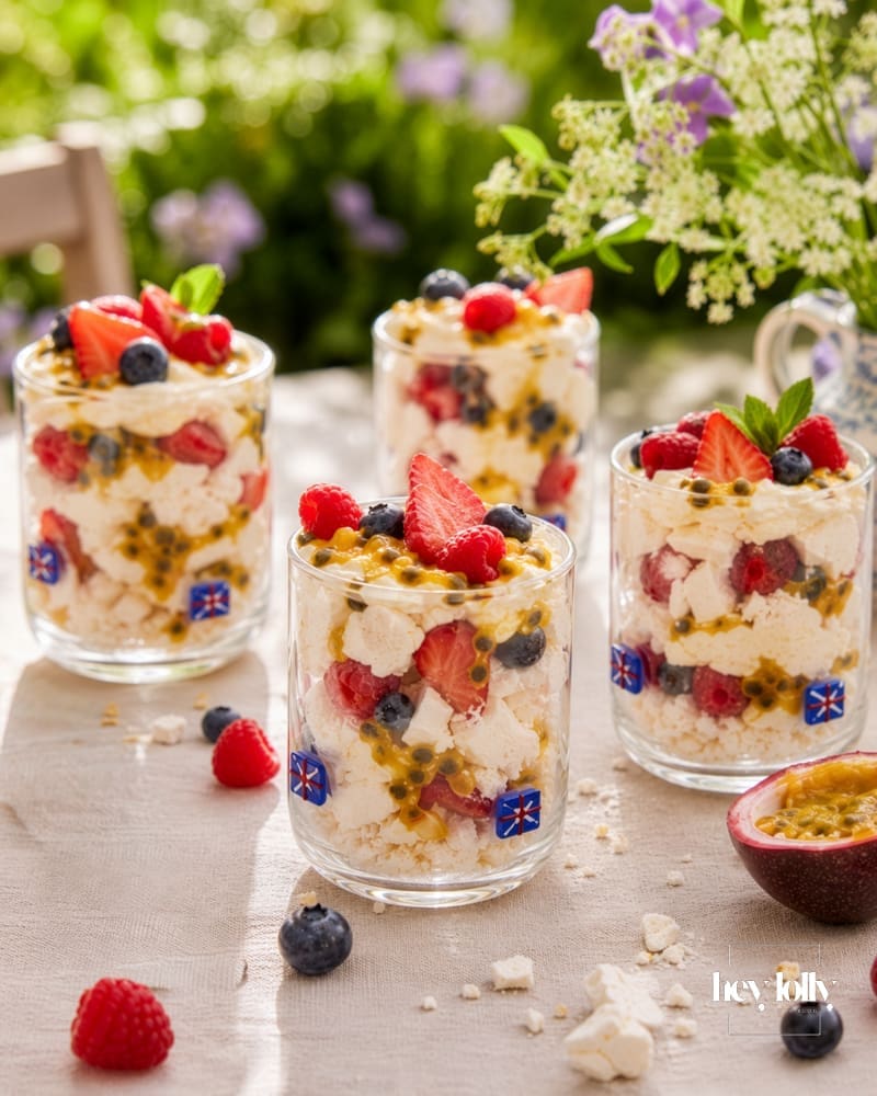 Summer pavlova cups served on an outdoor table with berries, passion fruit and garden flowers in the background.