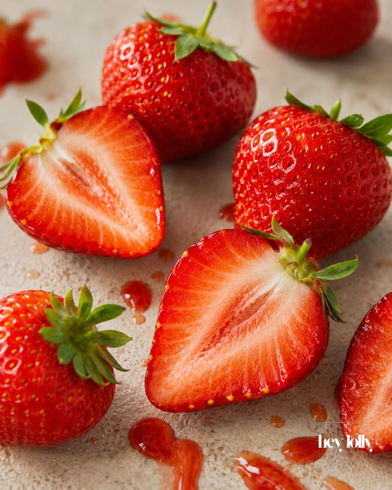 Macro close-up of whole and halved strawberries with glossy red fruit, fresh green tops and juice.