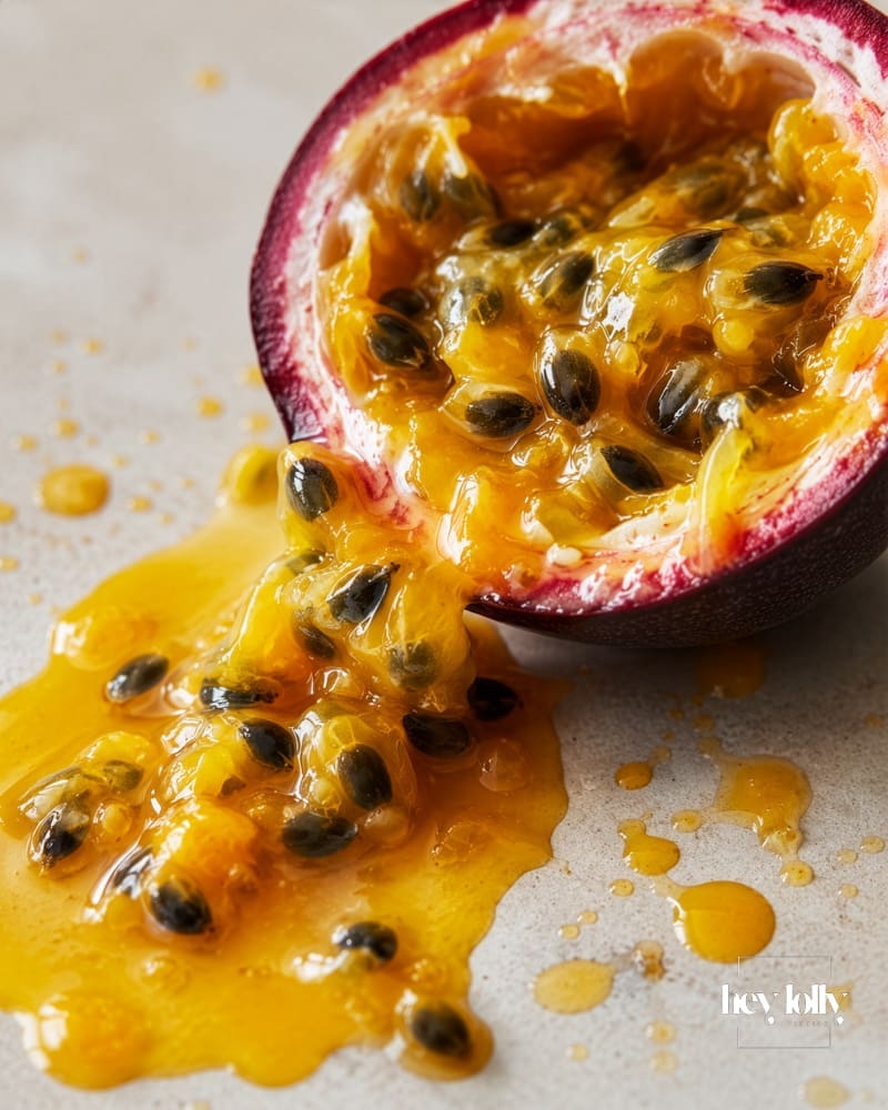 Macro close-up of halved passion fruit with golden pulp, seeds and juice spilling onto a pale surface.
