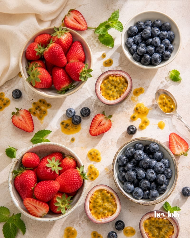 Overhead shot of bowls of strawberries and blueberries with halved passion fruit, passion fruit pulp and mint.