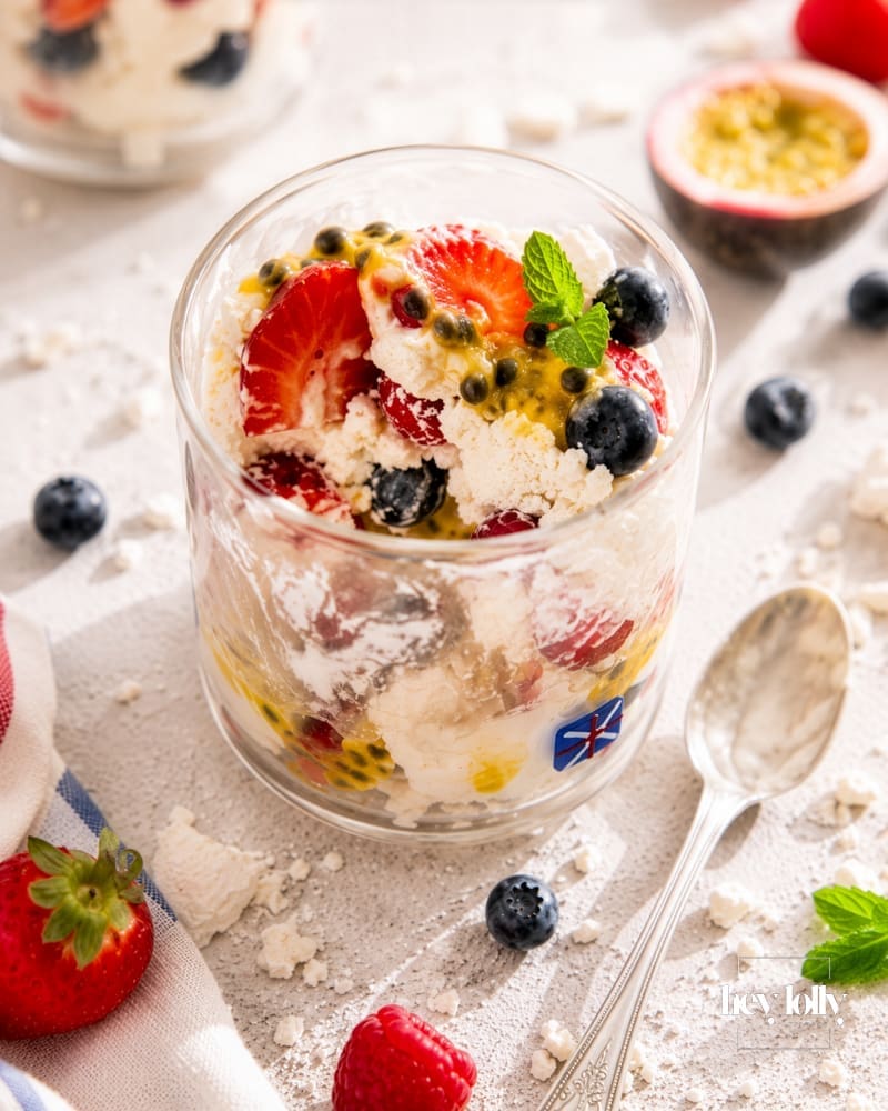 Partly eaten summer pavlova cup with softened cream, crushed meringue, berries and passion fruit inside the glass.