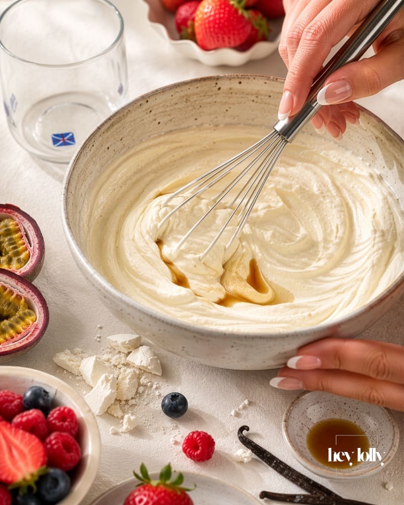Hands whisking vanilla cream in a ceramic bowl for summer pavlova cups.