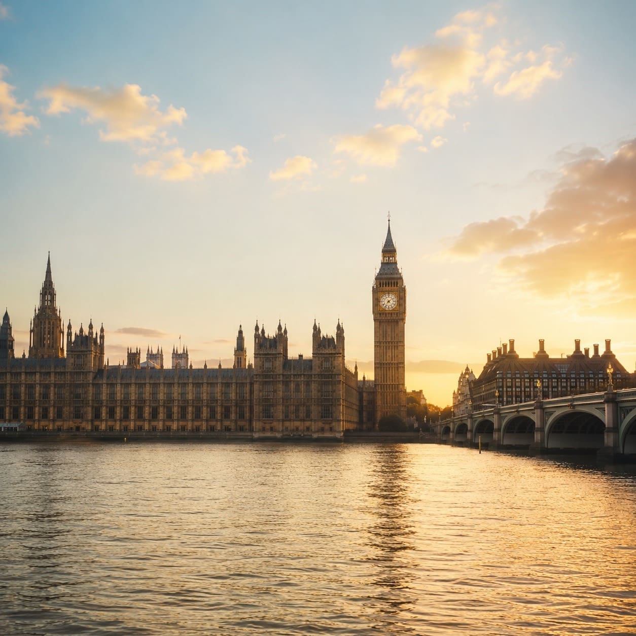 Golden hour view across the River Thames towards Big Ben and the Houses of Parliament
