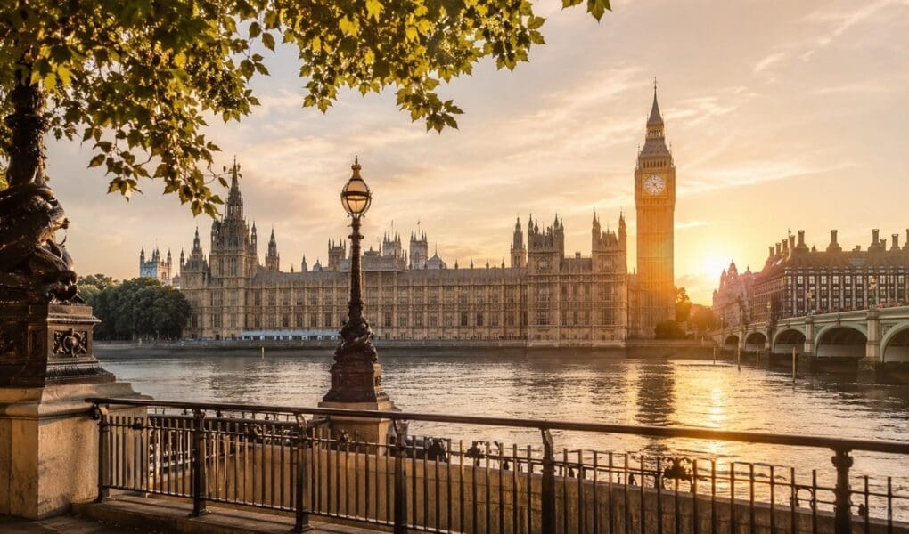 Golden hour view across the River Thames towards Big Ben and the Houses of Parliament for first-time visitors planning the best London tours.