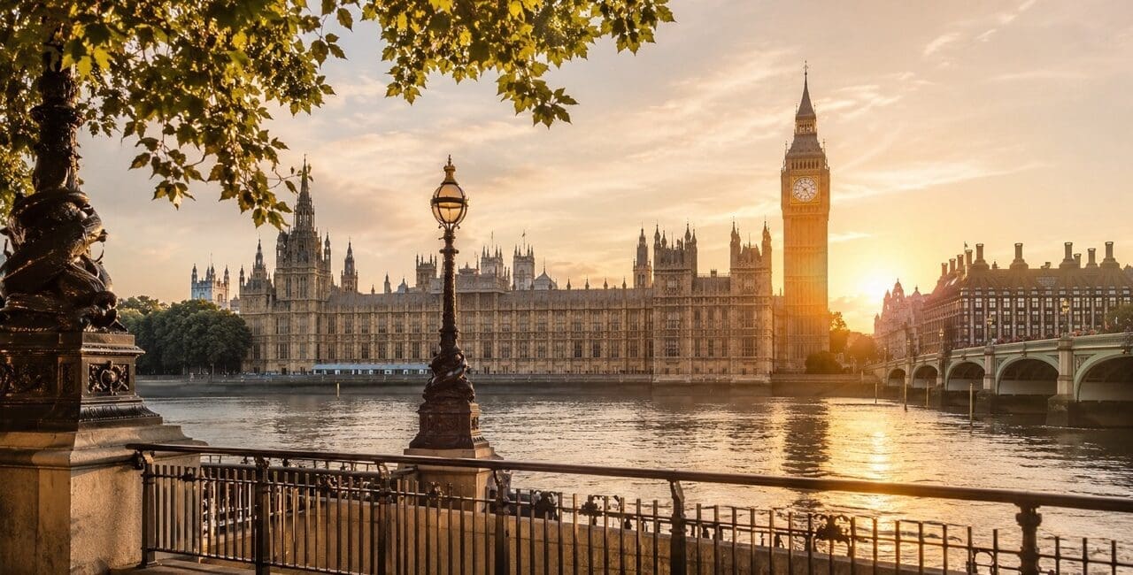 Golden hour view across the River Thames towards Big Ben and the Houses of Parliament for first-time visitors planning the best London tours.
