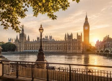 Golden hour view across the River Thames towards Big Ben and the Houses of Parliament for first-time visitors planning the best London tours.