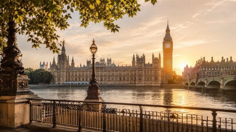Golden hour view across the River Thames towards Big Ben and the Houses of Parliament for first-time visitors planning the best London tours.