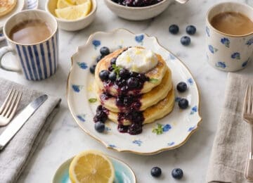 lemon ricotta pancakes overhead shot with bllueberry compote