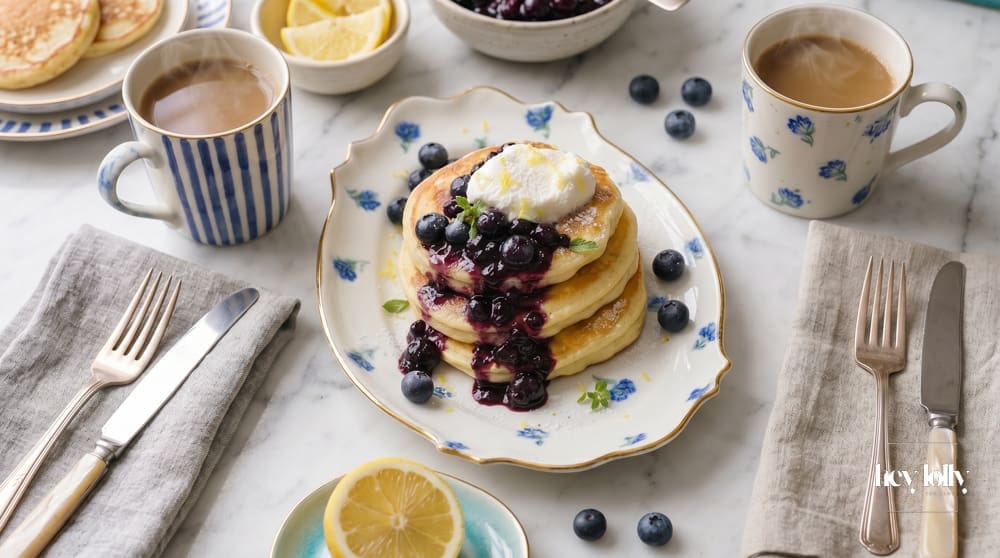 lemon ricotta pancakes overhead shot with bllueberry compote