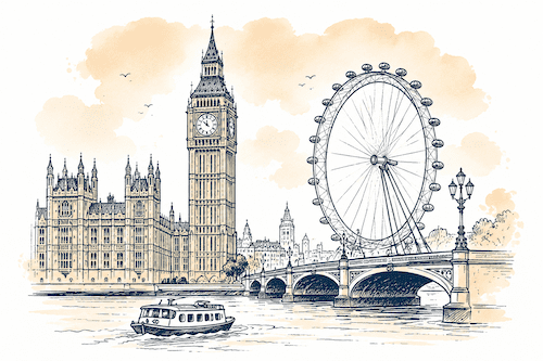 Illustrated London landmarks including Big Ben, the London Eye and Westminster