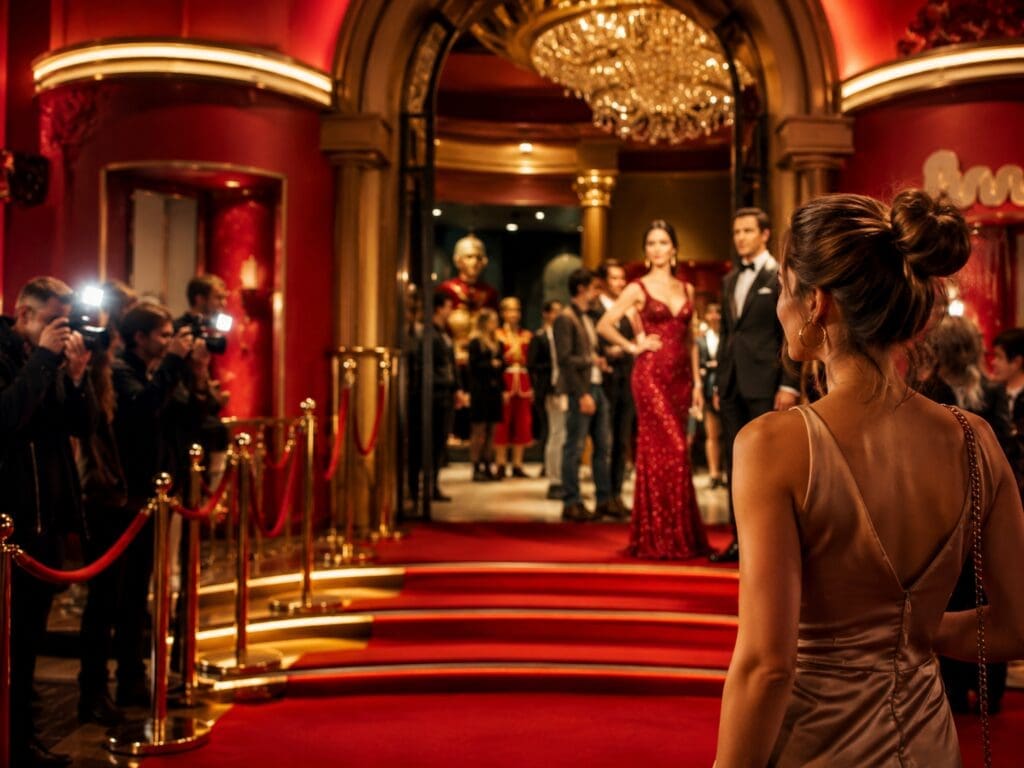 Madame Tussauds London tour image showing a glamorous red carpet-style attraction interior with velvet ropes, golden lighting and photo moments.