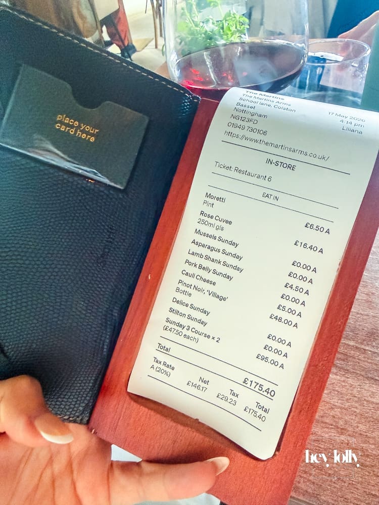 The bill for Sunday lunch at The Martins Arms Colston Bassett