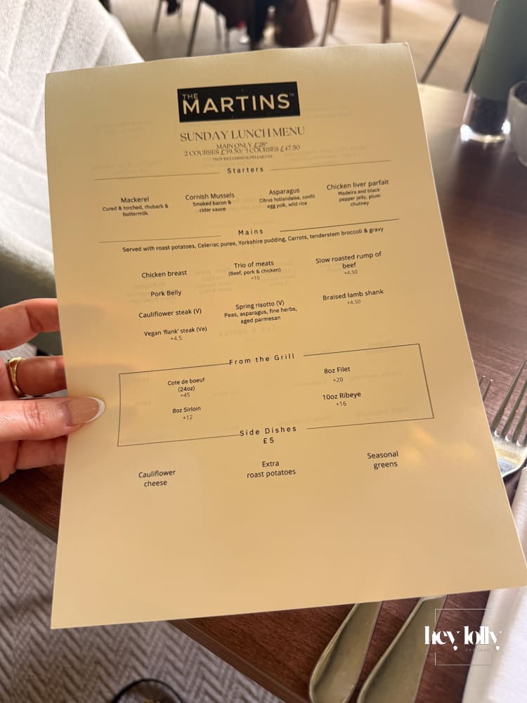The Martins Arms Sunday lunch menu held at the table