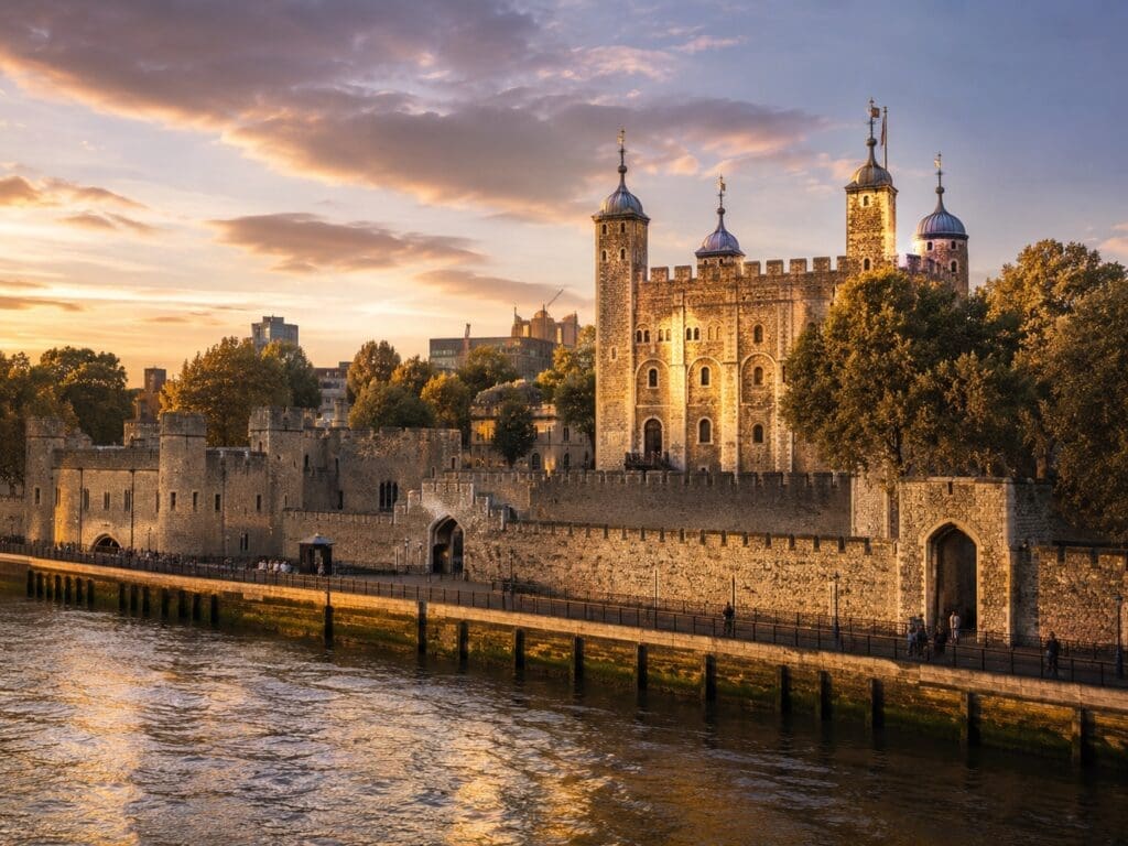 Tower of London and Crown Jewels tour image showing the historic fortress beside the River Thames at golden hour in London.