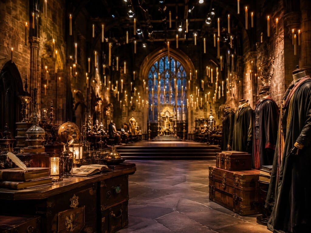 Cinematic interior inspired by the Warner Bros. Studio Tour London, featuring floating candles, wizarding costumes and magical set details.
