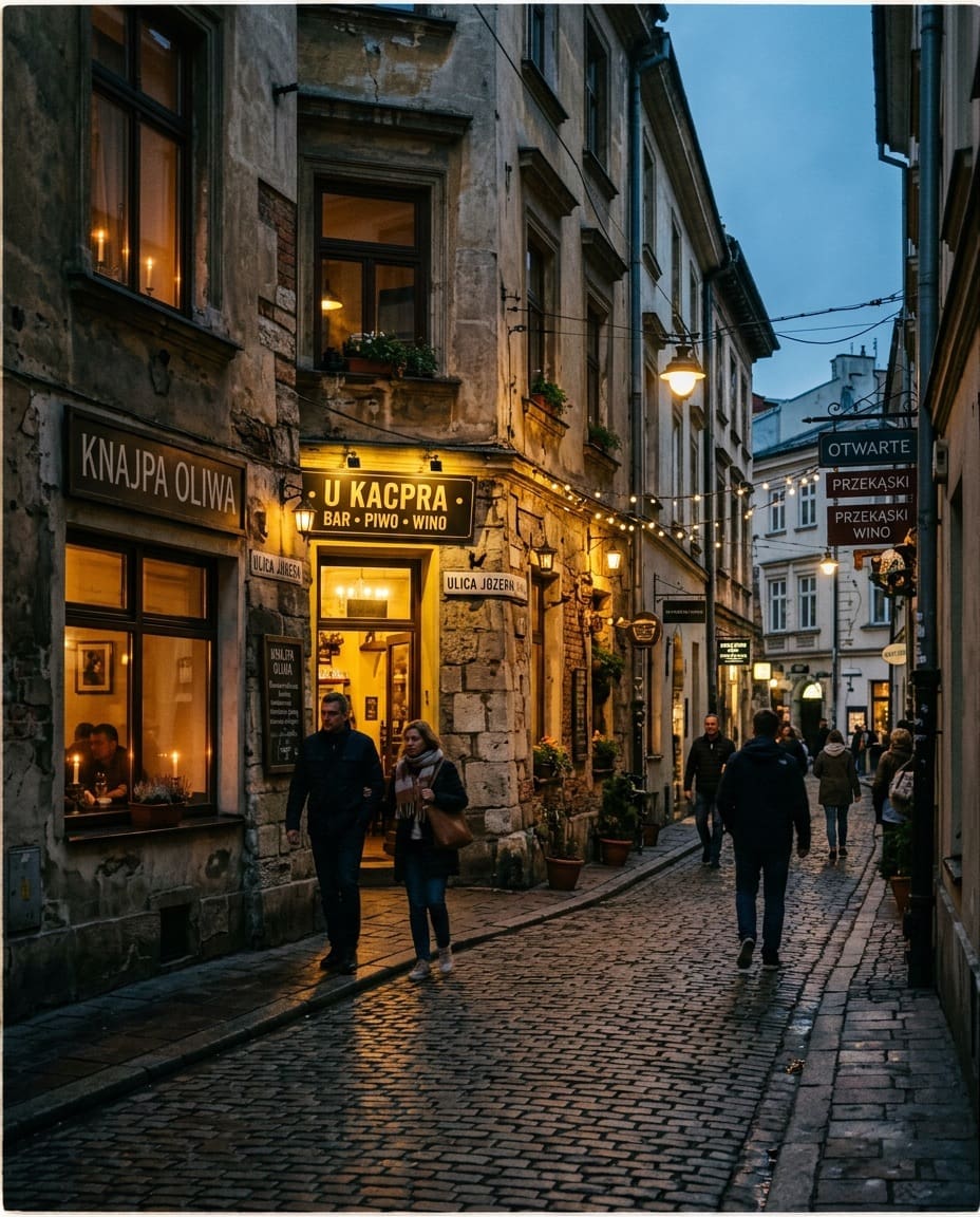 Krakow travel guide to Kazimierz restaurants bars and evening atmosphere