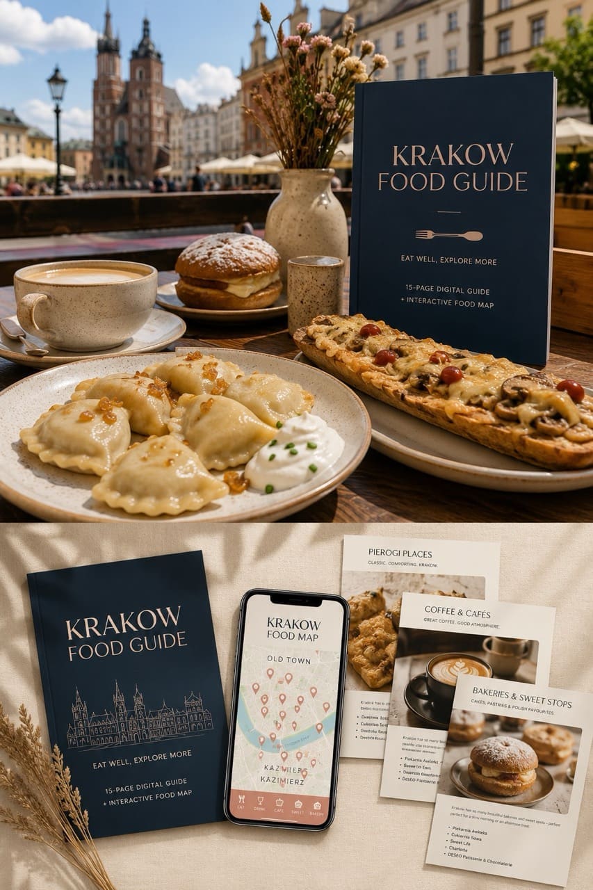 Krakow food guide instant digital download with pierogi, zapiekanka, coffee and Polish pastries