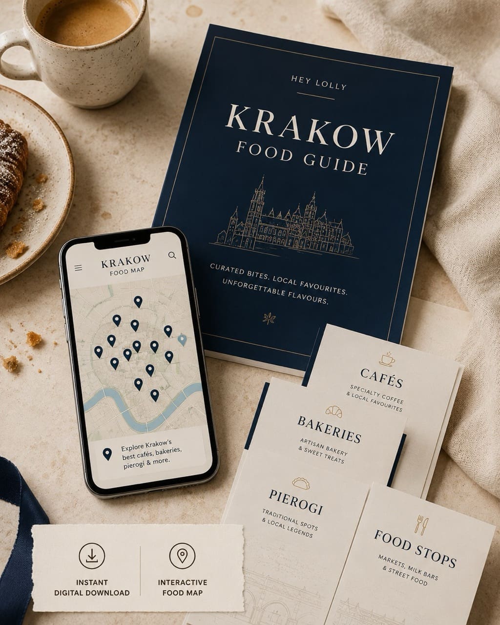 Krakow food map on a phone with a digital travel guide mockup