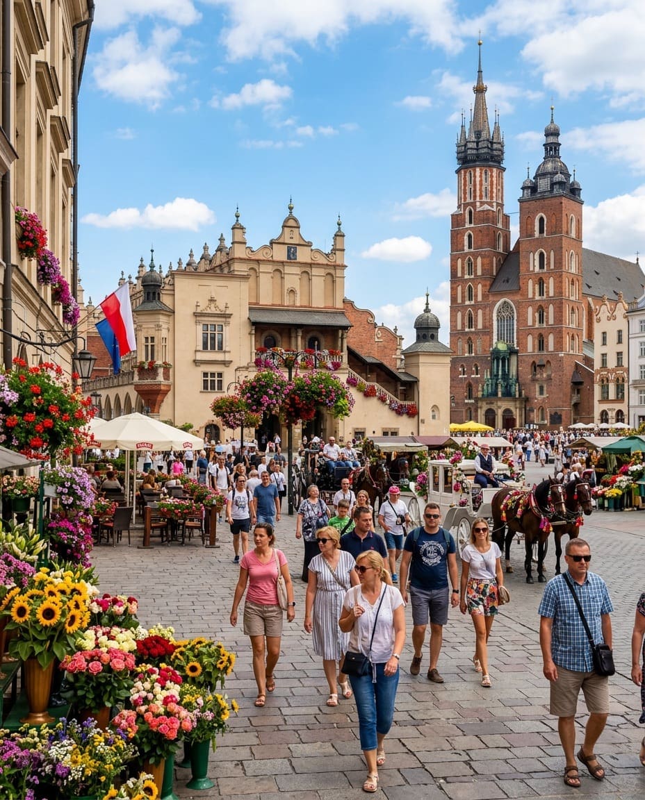 Krakow travel guide spring and summer streets with cafés and flowers