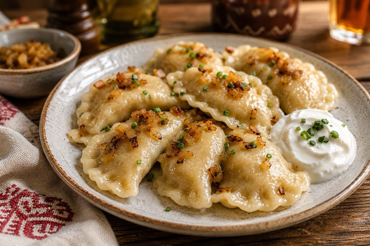 Pierogi in Krakow served with sour cream for a Krakow food guide