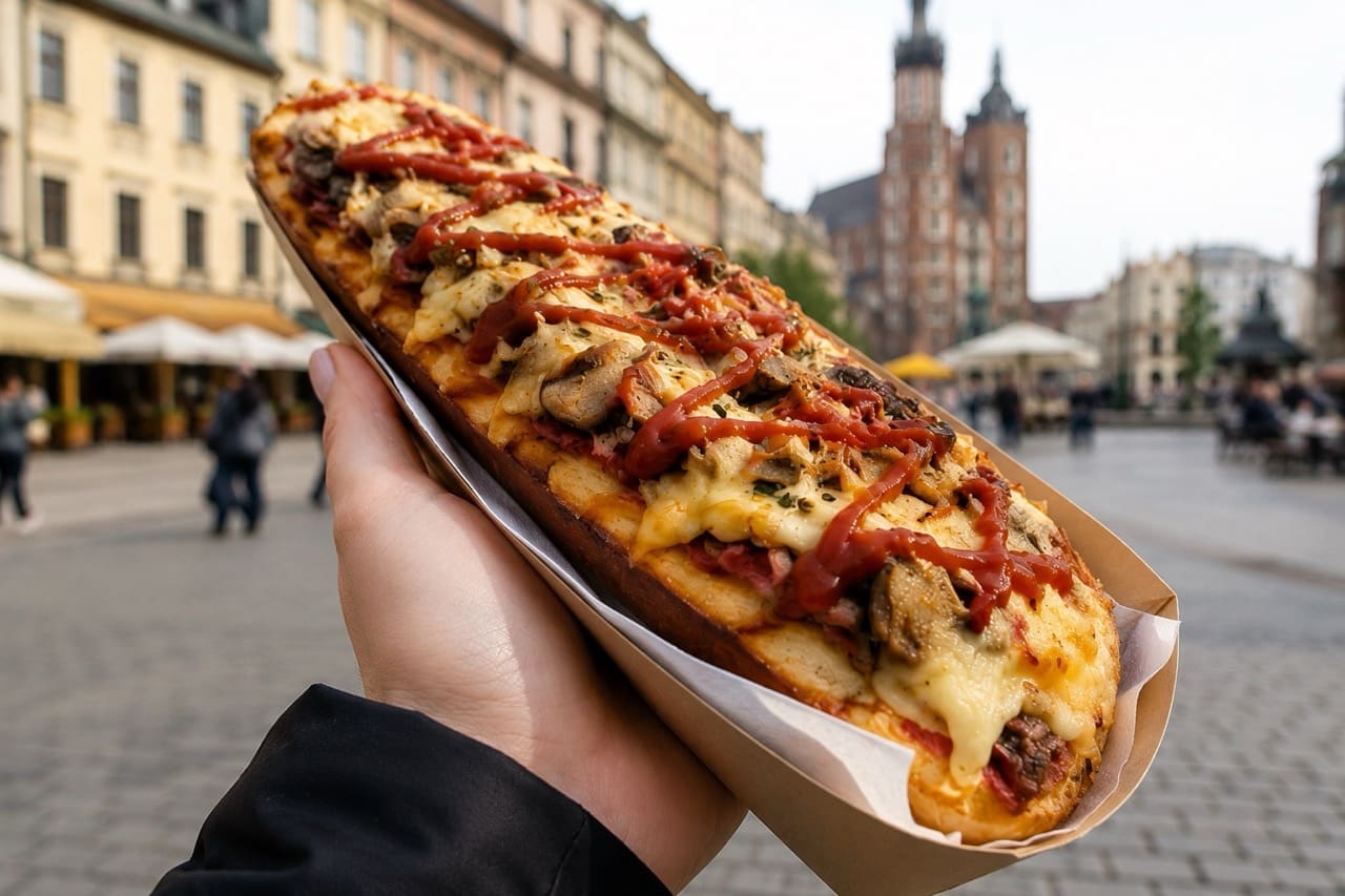 Zapiekanka in Krakow with melted cheese and toppings