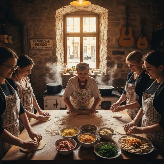Krakow travel guide pierogi cooking class with hands folding dumplings