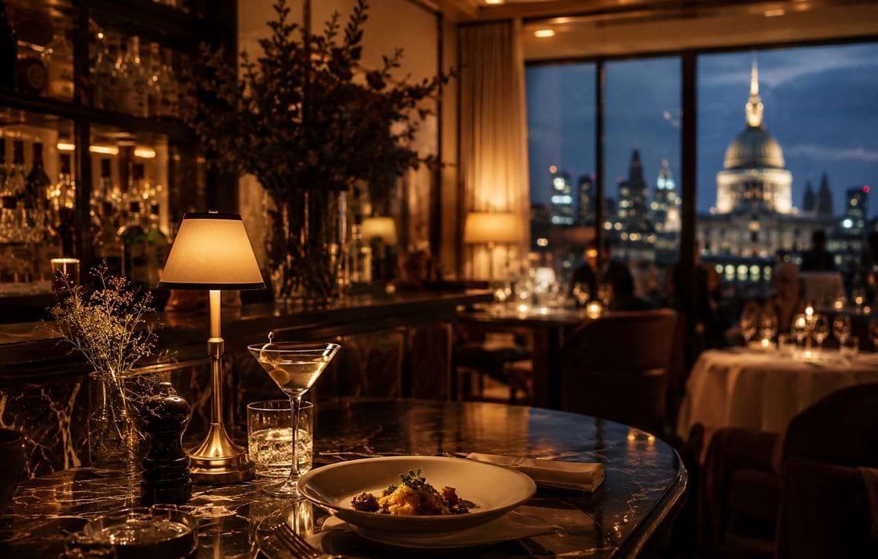 Where to stay in London for food lovers, shown through a luxury hotel bar with cocktails
