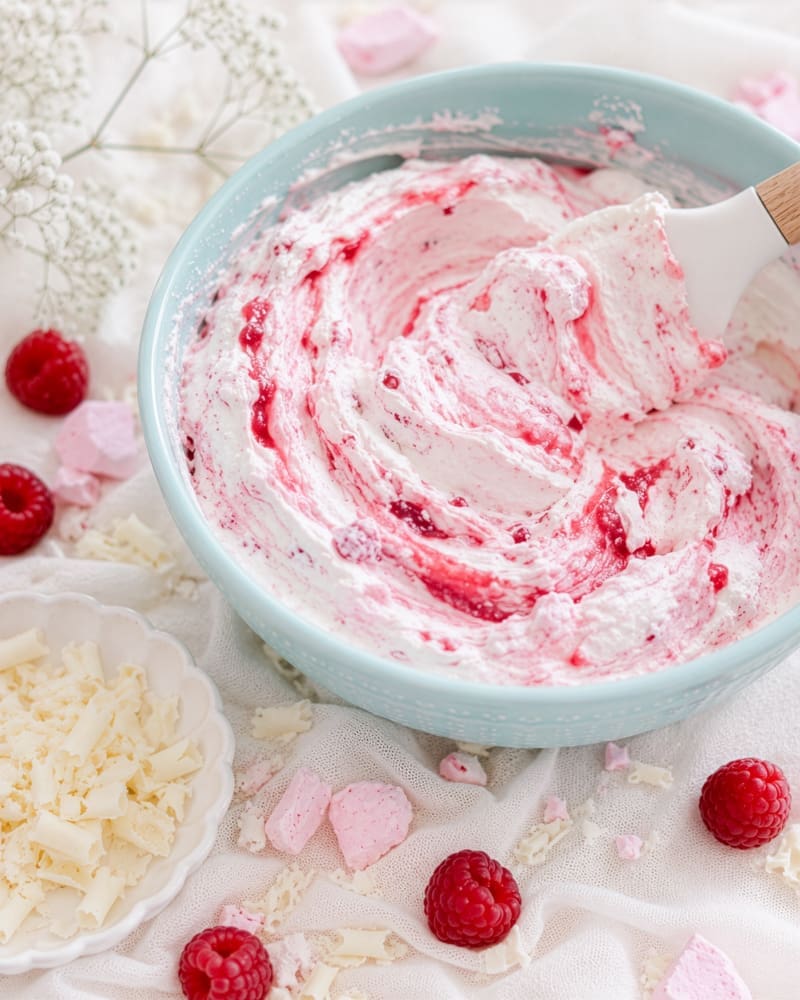 Spoonful of raspberry whip with white chocolate, raspberries and crushed pink meringue