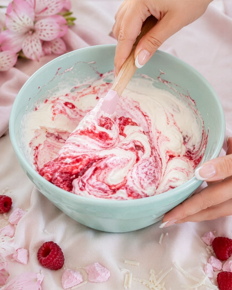 Creamy raspberry whip with white chocolate and raspberry swirls