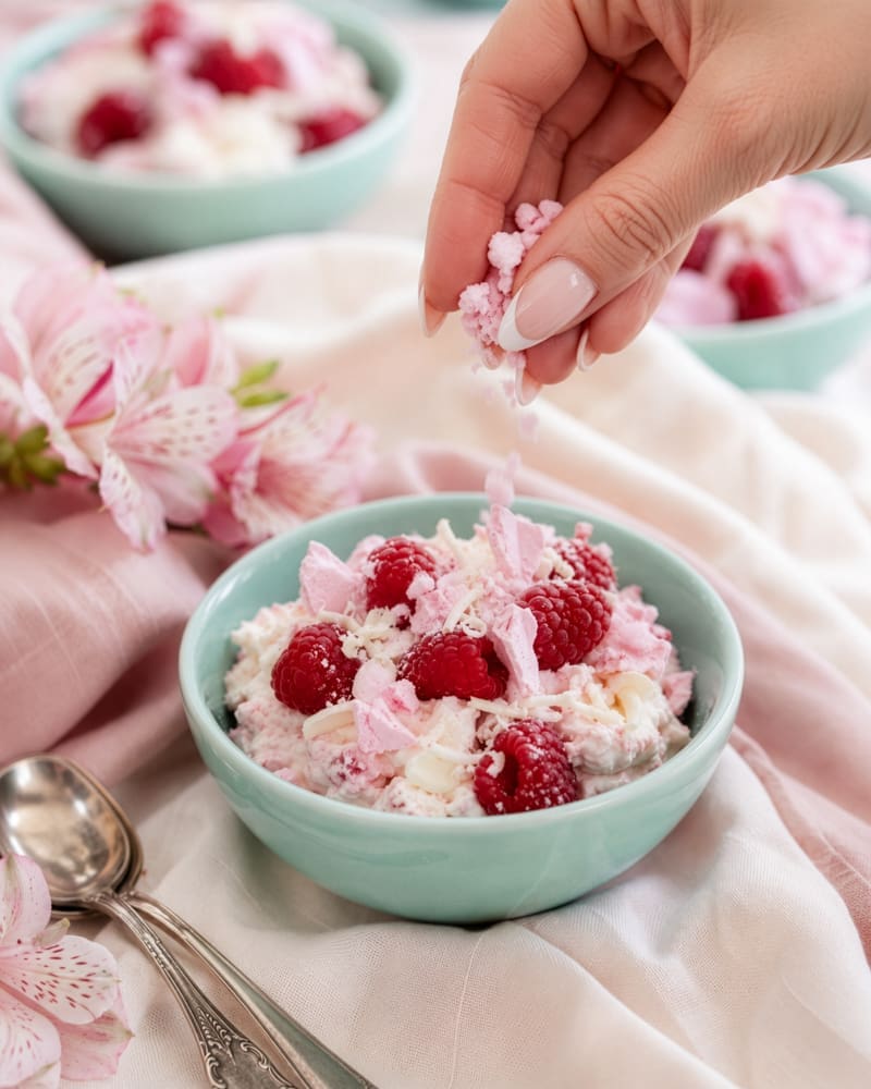Raspberry whip being folded with white chocolate and cream