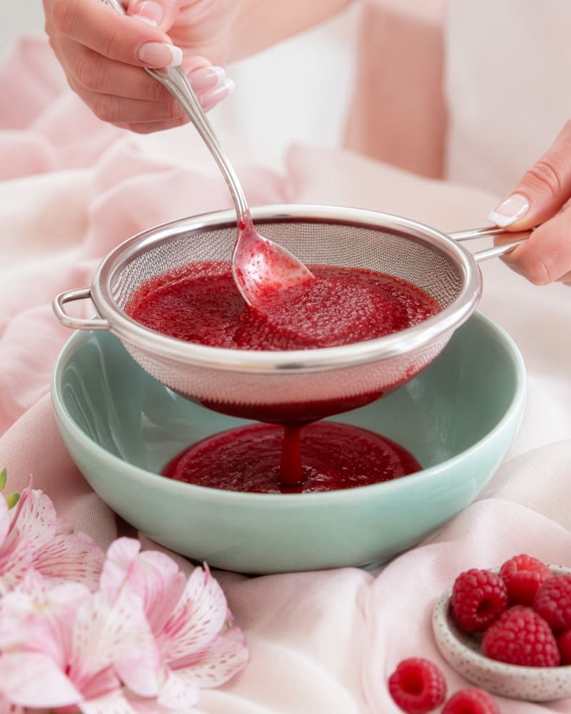 Raspberry puree being prepared for raspberry white chocolate whip